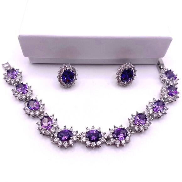 High Quality Rhodium and Silver Plated Bracelet and Studs Earrings-Lab Amethyst - Picture 5 of 6